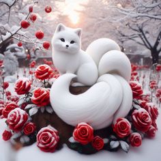 a white cat sitting on top of a rock surrounded by red roses and snow covered trees