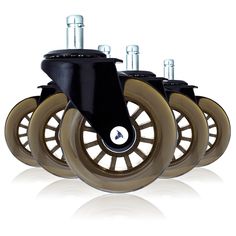 three black and brown wheels on white background