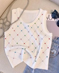 Colorful Rhinestone Knitted Tank Top Casual Crew Neck Sleeveless Tank Top For Summer  Women's Clothing Crop Top Camis.. ONE SiZE ... Sequin Clothes, Cute Clothes Ideas, Top Jeans, Looks Party, Jeans Outfits, Cami Crop Top, Chanel Fashion, Top For Summer, Casual Tank Tops