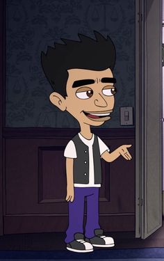 the cartoon character is pointing at something in front of his face and mouth, while standing next to an open door