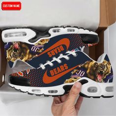 Chicago Bears NFL Premium Air Max Plus Sport Sneakers For Fan Gifts Low-top Basketball Shoes With Logo Print, Throwback Basketball Shoes For Sports Season, Sporty White Sneakers For Game Day, Sporty Breathable Custom Sneakers For Sports Events, Synthetic Sneakers For Sports Events, Team-colored Sneakers For Sports Events, Low-top Basketball Shoes For Sports Season, Low-top Basketball Shoes For Sports Events, Sporty Sneakers With Logo Print For Sports Events