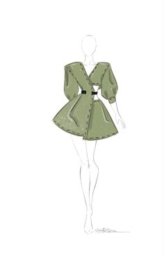 a drawing of a woman's dress in green and black, with her hands on her hips