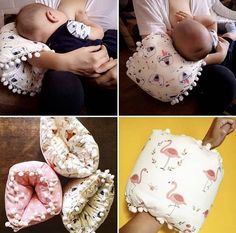 four pictures of baby's shoes and their mother holding her sleeping infant in the arms