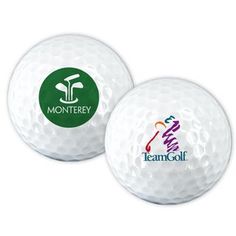 two white golf balls with the logo for teamgoll on each ball and one is green