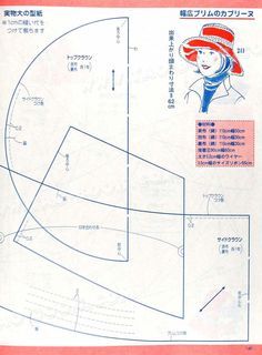 a drawing of a woman wearing a red hat and blue scarf with japanese writing on it