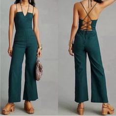 Nwt Viscose Blend Green Strappy Jumpsuit. Adjustable Straps By Tying. Has Pockets In The Back. Backless Summer Jumpsuits And Rompers For Work, Backless Jumpsuits And Rompers For Summer Workwear, Strappy Jumpsuit, Green Jumpsuit, Green Colors, The Back, Pant Jumpsuit, Jumpsuit Romper, Adjustable Straps