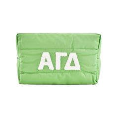 Alpha Gamma Delta Puffer Style Makeup Bag measures 10 inches x 6 inches x 4 inches, and a great way to organize your makeup essentials. Sorority Puffer Style Makeup Bags feature a padded quilt design. Skincare Bag, Sorority Letters, Puffer Style, Alpha Gamma Delta, Sorority Designs, Sorority Sisters, Multipurpose Bag, Sorority Gifts, Sorority Outfits