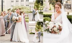 the bride and groom are posing with their bridal party