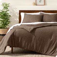 a bed with brown linens and pillows in a white room next to a potted plant