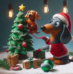 a christmas scene with a dachshund dog decorating a tree and presents