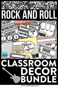 rock and roll classroom decor bundle with black and white text on the front, and an image