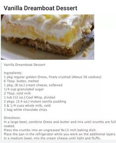 the recipe for vanilla dream dessert is shown