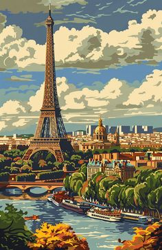 a painting of the eiffel tower in paris with trees and buildings around it