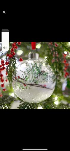 an ornament hanging from a christmas tree with red berries and pine cones on it