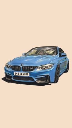 a blue bmw car parked in front of a tan wall with the words m4 f8