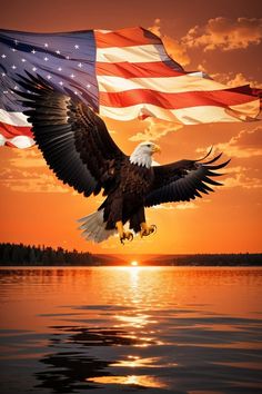 an eagle flying over the water with an american flag