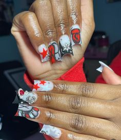 Red Nail Sets Short, Red Duck Nails Acrylic, Red Kaws Nails, Red Nails Short Design, Shorties Nails Fall Colors, Christmas Nails Acrylic Short Square, Red Duck Nails, Black And Red Nails Acrylic, Red And Black Nails Acrylic