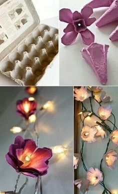 four different pictures with flowers in them and lights attached to the side of each one