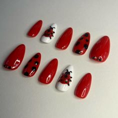 Silly Nail Designs, Ladybug Acrylic Nails, Bug Nails Art, Cute Nail Designs Easy, Ladybug Nails Designs, Goofy Nails, Ladybird Nails, Funky Nail Ideas