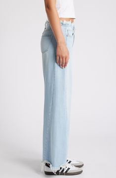 The vintage inspo comes through in these distressed wide-leg jeans that are made from premium nonstretch denim in a faded light wash. 32" inseam; 25 1/2" leg opening; 9 3/4" front rise; 14" back rise Zip fly with button closure Five-pocket style 85% cotton, 15% viscose Machine wash, tumble dry Imported Faded Wide Leg Cropped Jeans For Spring, Wide Leg Cropped Jeans For Spring, Faded Wide-leg Flare Jeans For Spring, Light Wash Wide Leg Cropped Jeans With Frayed Hem, Distressed Wide Leg Cropped Jeans, Light Wash Distressed Wide Leg Cropped Jeans, Distressed Wide Leg Cropped Jeans In Light Wash, Wide Leg Distressed Light Wash Cropped Jeans, Light Wash Wide-leg Jeans With Frayed Hem