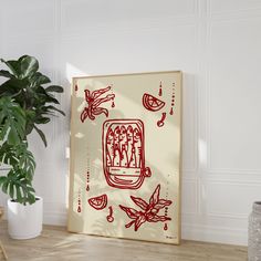 a red and white painting on a wall next to a potted plant in a room