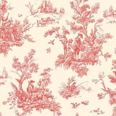 a red and white toiler wallpaper with trees, people and animals on it