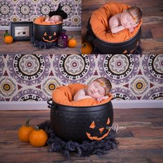 two babies are sleeping in pumpkin buckets on the floor