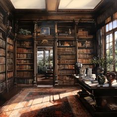 an old library with many bookshelves and vases on the table in front of them