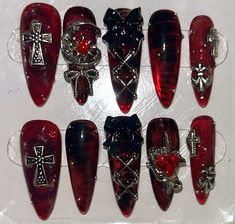 Black Red And Blue Nails, Goth Nails With Charms, Trad Goth Nails, Edgy Red Nails, Misa Amane Nails, Red Gothic Nails, Dark Coquette Nails, Gothic Nail Art Dark, Red Goth Nails