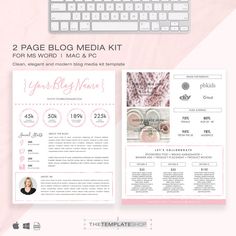 a pink and white website design with the words, 2 page blog media kit for ms word 1 mac & pc