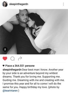 a man and woman laying in bed with the caption saying, i love you