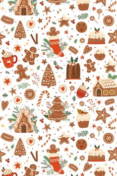 a christmas pattern with ginger cookies and other holiday treats on white background, seamlessly