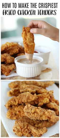 fried chicken tenderies being dipped with ranch dressing and dipping them into the dip sauce