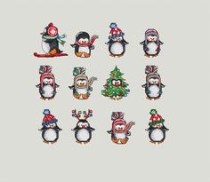 penguins with hats and scarfs are depicted in this cross stitch pattern