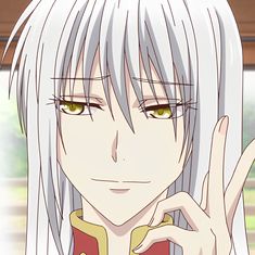 an anime character with long white hair and green eyes making the peace sign for the camera