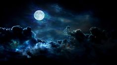 the full moon is shining brightly in the night sky above some clouds and dark blue hues