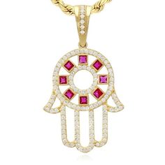 Gemstone: ruby Weight (gm): 2.8 Metal: Yellow Gold Metal Purity: 14K Gold Pendant Height: 1.5 IN Width: 21mm Thickness: 1.5mm Bail Clearance: 3.8mm Finish: High Polished Main Stone: Simulated Diamond Gemstone: Ruby, Sapphire, Zirconia Stone Carat: 1.15 Stone Creation: Simulated Stone Cut: Round Stone Setting: Bezel Crafted in: Europe Color: Metal Type.  Gender: unisex.  Age Group: adult. Yellow Gold Ruby Jewelry, Gold Fine Jewelry With Lab-created Ruby, Fine Jewelry Gold With Lab-created Ruby, Gold Jewelry With Lab-created Ruby, Ruby Jeweled Yellow Gold Jewelry, Jeweled Yellow Gold Ruby Jewelry, Gold Jewelry With Lab-created Ruby Gemstone, Hamsa Pendant, Ruby Sapphire