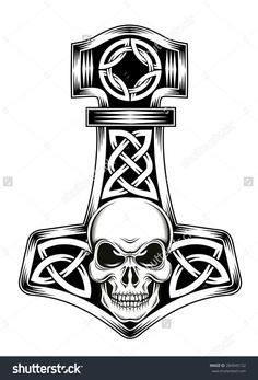 a skull and an anchor with celtic patterns on it's head, in black and white