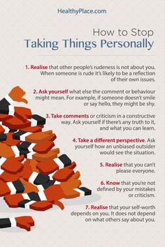 "Taking things personally is a sign of low self-esteem. Find out tips on how to stop taking things personally." www.HealthyPlace.com Stop Taking Things Personally, Taking Things Personally, Vie Motivation, Coping Skills, Self Improvement Tips, Emotional Health, Emotional Intelligence, Good Advice, The Words