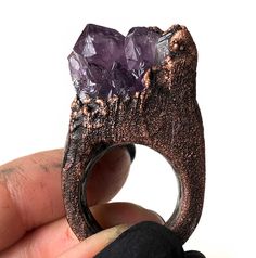 Electroformed copper & brilliant deep purple amethyst crystal points. Each ring is unique and one of a kind, and made by hand by metalworking artist and Well Done Goods by Cyberoptix founder, Bethany Shorb. Witch Rings, Crystal Growth, Deep Purple Color, Quartz Crystal Pendant, Electroformed Jewelry, Witchy Jewelry, Amethyst Point, Cluster Rings, Crystal Wand