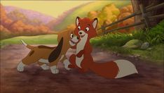 the fox and the hound from disney's animated movie, which features two dogs