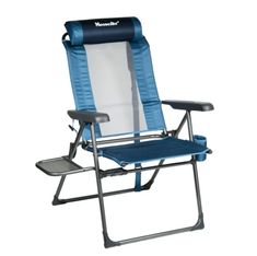 a blue and white folding lawn chair