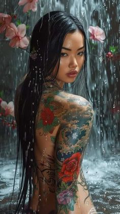 a woman with tattoos is sitting in the water and has flowers on her back,