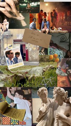 a collage of photos with people and animals in them, including an angel statue