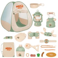 an assortment of toys including a tent and other items to make it look like they are camping