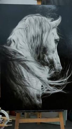 a black and white painting of a horse with long hair on it's head