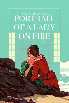 a woman sitting on top of a pile of rocks next to the ocean with text reading portrait of a lady on fire