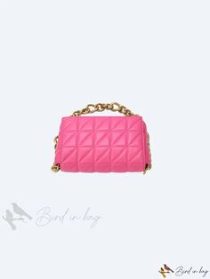 Bird in Bag - Pink Quilted Chain Flap Square Bag - Perfect for Back-to-School Parties, Going Out, Clubbing, and Gather Trendy Pouch Box Bag With Chain Strap, Square Bags With Chain Strap As Gift, Square Evening Bag With Chain Strap For Everyday Use, Rectangular Shoulder Bag With Chain Strap As Gift, Rectangular Bags With Gold Chain For Daily Use, Daily Use Pouch Box Bag With Chain Strap, Rectangular Chain Bag As Gift, Pink Clutch Box Bag For Mobile Phone, Square Bag With Chain For Gift