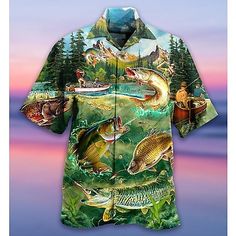 Men's Shirt Summer Hawaiian Shirt Graphic Prints Fish Turndown Green Casual Holiday Short Sleeve Button-Down Print Clothing Apparel Tropical Fashion Hawaiian Soft Oversized Shirt Men, Summer Flamingo, Hawaii Summer, Tropical Fashion, Hawaiian Shorts, Hawaiian Beaches, Funny Short, Mens Hawaiian Shirts, Aloha Shirt