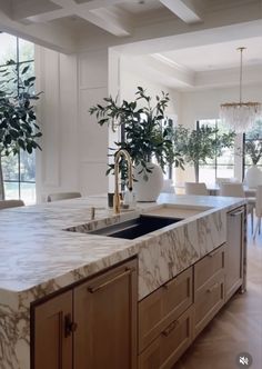 a kitchen with marble counter tops and wooden cabinets in front of a large window that has potted plants on it